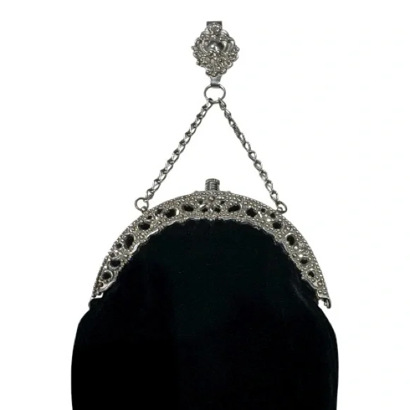 Vintage Victorian Style Silver Tone Mounted Black Velvet Bag with Belt Clip - Picture 2 of 14